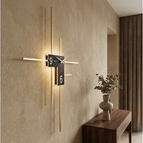 Aplica LED cu ceas Lines Chrono, negru auriu, design modern geometric