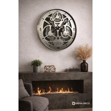 Ceas de perete, metal argintiu, mecanism vizibil, design industrial modern, 60x60cm