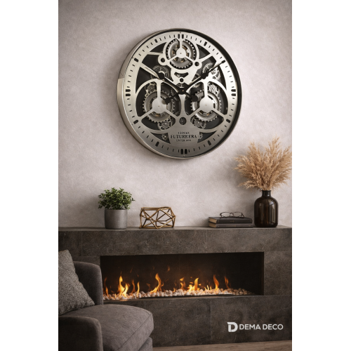 Ceas de perete, metal argintiu, mecanism vizibil, design industrial modern, 60x60cm