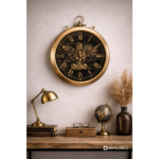 Ceas de perete, metal auriu, mecanism vizibil, stil industrial-vintage, 52×61cm