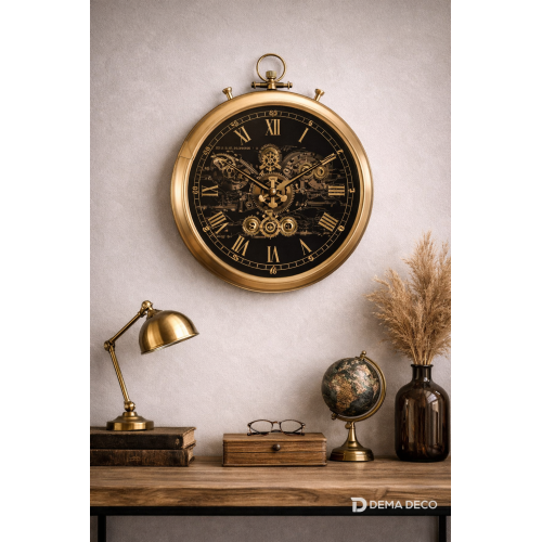 Ceas de perete, metal auriu, mecanism vizibil, stil industrial-vintage, 52×61cm