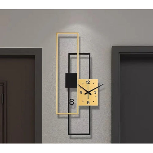 Ceas decorativ LED de perete 24W, lumină caldă 3000K, design geometric gold & negru, 280×700 mm