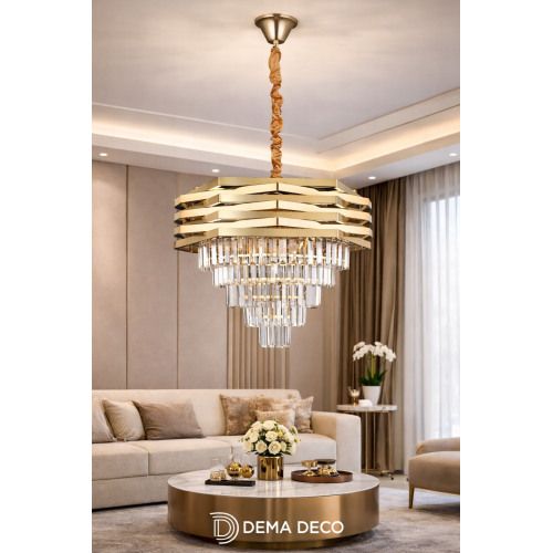 Candelabru auriu cu cristale, 11 becuri E14, design elegant