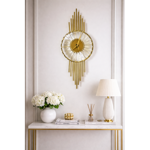 Ceas si aplică de perete LED, metal auriu, design rotund modern, diametru 25 cm, 3 culori lumină